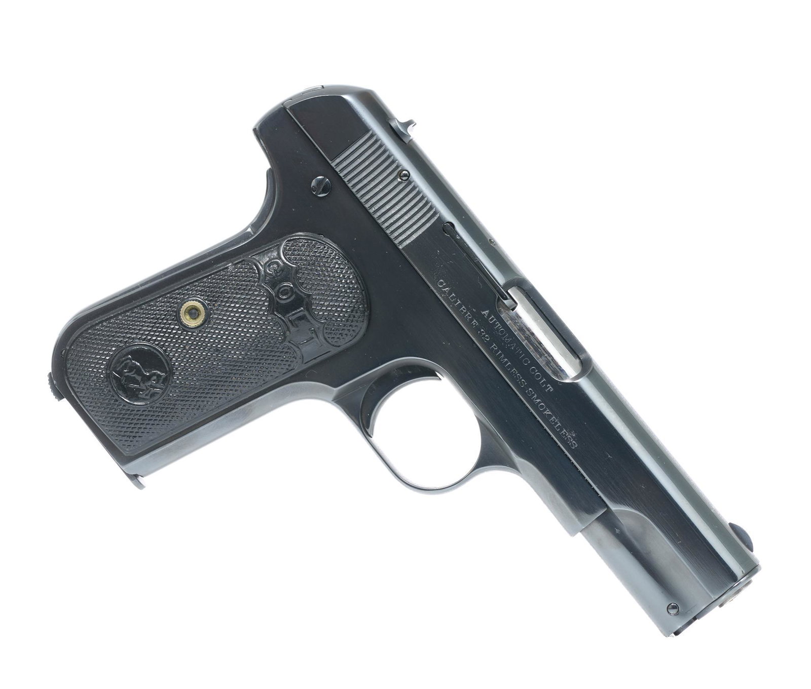 Colt M1903 Pocket Hammerless .32 ACP Semi-Automatic: Serial: 75986 Manufacturer: Colt (1908) Model: M1903 Pocket Hammerless Type II Caliber: .32 ACP Barrel length: 3.75" Condition: Excellent; blue finish is nearly perfect, but appears to be a refinish, 
