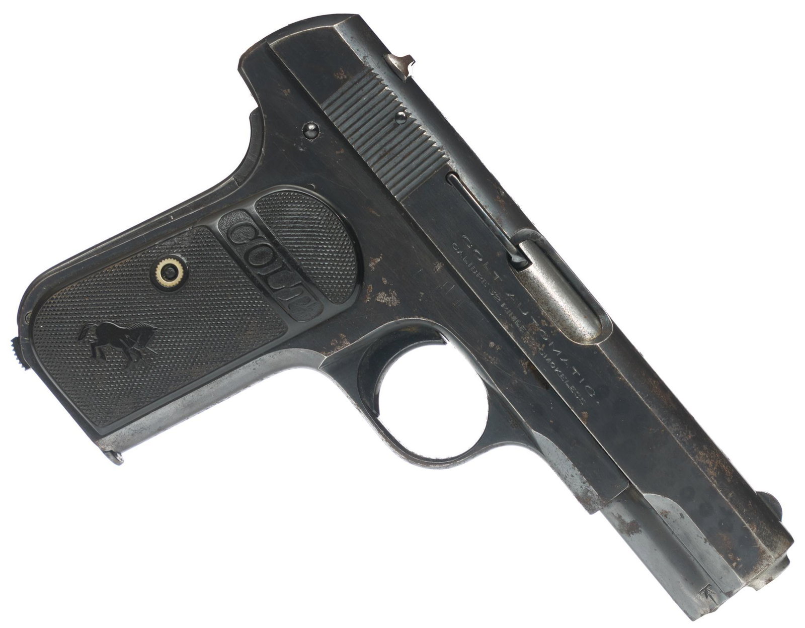 Colt M1903 Pocket Hammerless .32 ACP Semi-Automatic: Serial: 393625 Manufacturer: Colt (1921) Model: M1903 Pocket Hammerless Type III Caliber: .32 ACP Barrel length: 3.75" Condition: Fair; pittingthroughout; holster wear around muzzle Includes: 1 magazi