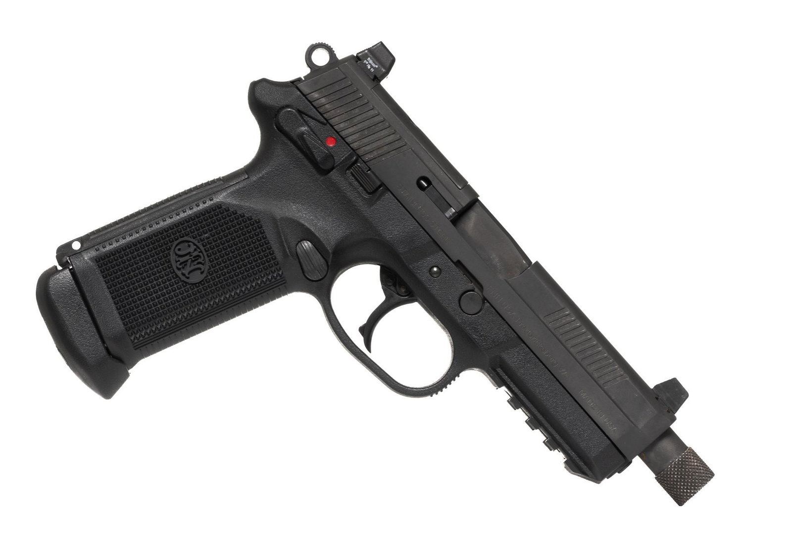 FNH FNP-45 Tactical .45 ACP Semi-Automatic Pistol: Serial: 61DZZ04912 Manufacturer: FNH Model: FNP-45 Tactical Caliber: .45 ACP Barrel length: 5" Condition: Very Good; light wear Includes: original soft case w/ papers; extra magazine; changeable grip 