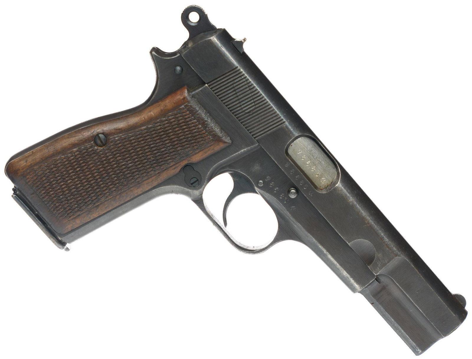 Nazi Marked FN Browning Hi-Power 9mm Semi-Automatic: Serial: 78685a Manufacturer: FN Belgium Model: Browning Hi-Power Caliber: 9mm para Barrel length: 4 5/8" Condition: Good; expected wear & signs of use from age; bore is excellent; some holster wear, b