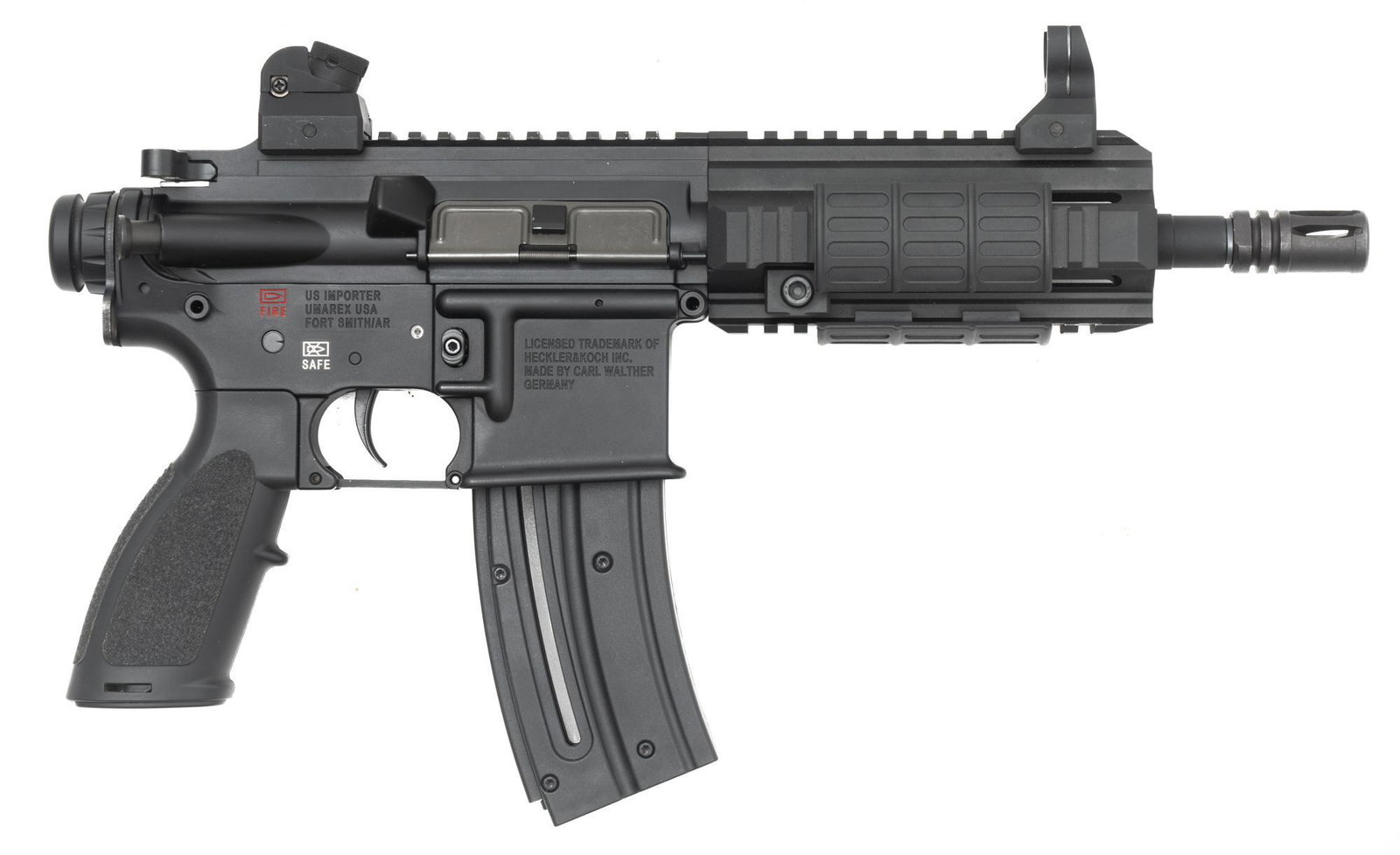 Heckler & Koch HK-416 .22LR Semi-Automatic AR Pistol: Serial: WH012183 Manufacturer: Heckler & Koch Inc. Model: HK-416 Caliber: .22LR Barrel length: 9" Condition: New in Case/Never fired Includes: Hard case with magazine and tools; adjustable sights; pic