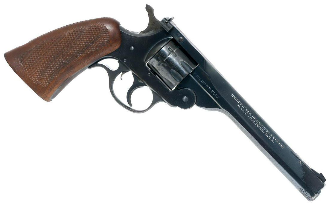 H&R "Sportsman" 9-Shot DA .22LR Revolver: Serial: L393 Manufacturer: H&R Model: Sportsman Caliber: .22LR Barrel length: 6" Condition: Fair; finish loss near muzzle on on trigger; cylinder drag marks; signs of wear; grips have light handling m