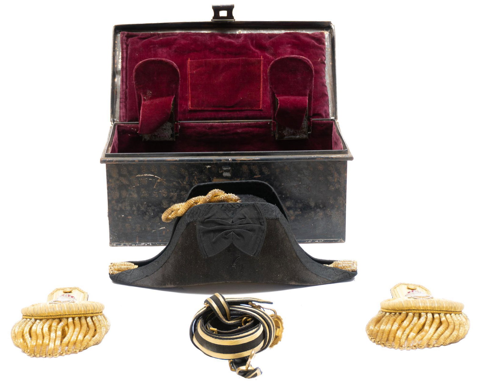 British Royal Navy Officer's Ceremonial Uniform Trunk: Bicorn Hat: marked- Gieve, Mathews / & Seagrove Ltd. Epaulettes: marked- S.R. Gould & Sons / R.N. Outfitters / Devonport. Sword Belt: marked-Gieve, Mathews / & Seagrove Ltd/ Portsmouth / L