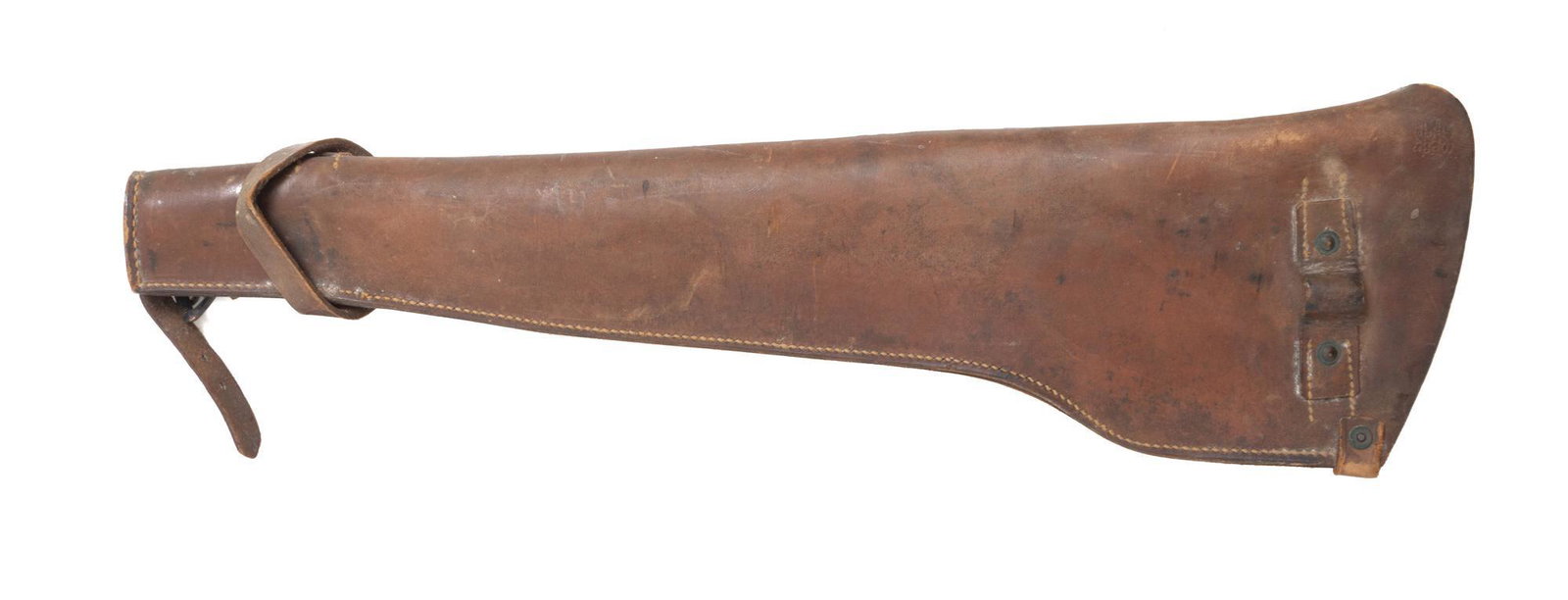 1943 Dated Leather M1 Carbine Motorcycle Scabbard: Measures: 23.5" long Marked: U.S. / Fulton / L.G. CO. / 1943 Condition: good for age/use; wear marks expected; light cracking in folded edge of leather Provenance: A Schertz, TX Estate