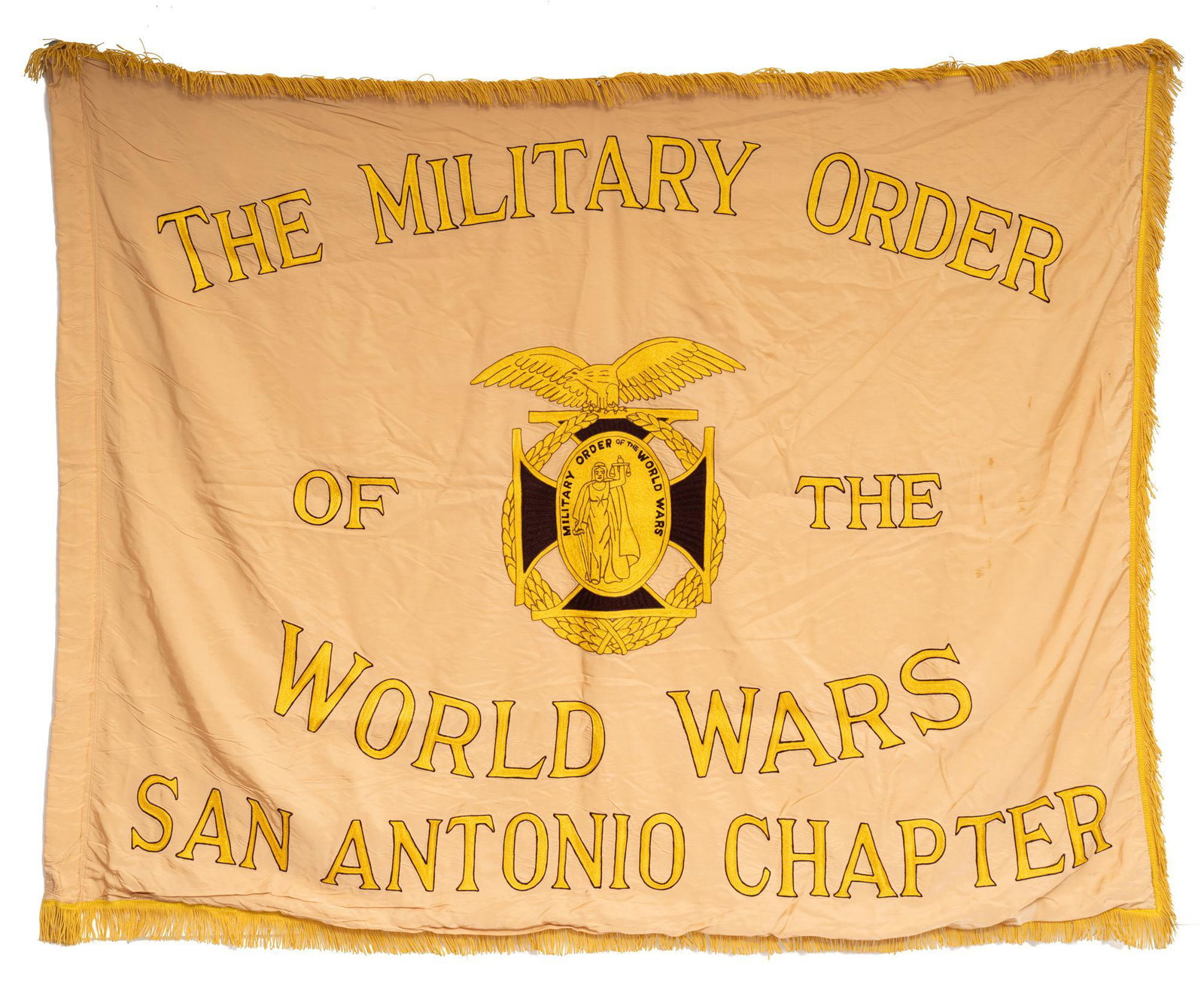 "Military Order of the World Wars San Antonio Chapter": Circa 1950s with chain stitched ornamentation; measures: 4'2" x 5'3"; by Banner Rayon Condition: Good; wrinkles Provenance: A Schertz, TX Estate We will happily provide seamless shipping services on t