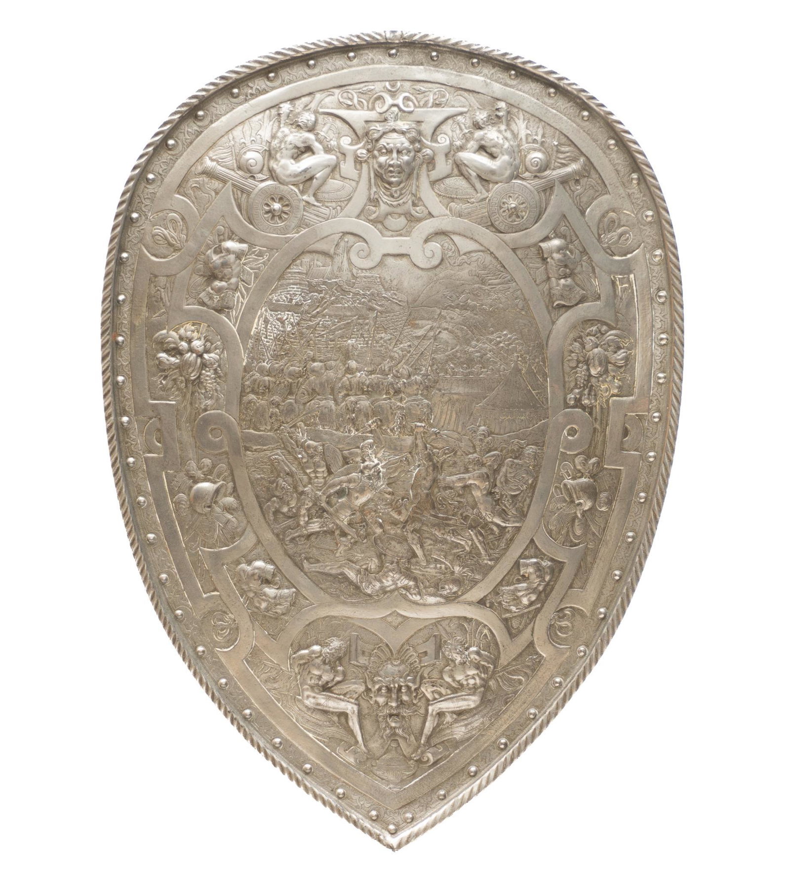 19th c. Replica Parade Shield of King Henry II of: 19th c. ReplicaParade Shield of King Henry II of Francein chased cast iron. Depictinga battle thought to be the Battle of Cannes between Rome and Carthage,the original shield is on display at the Roya