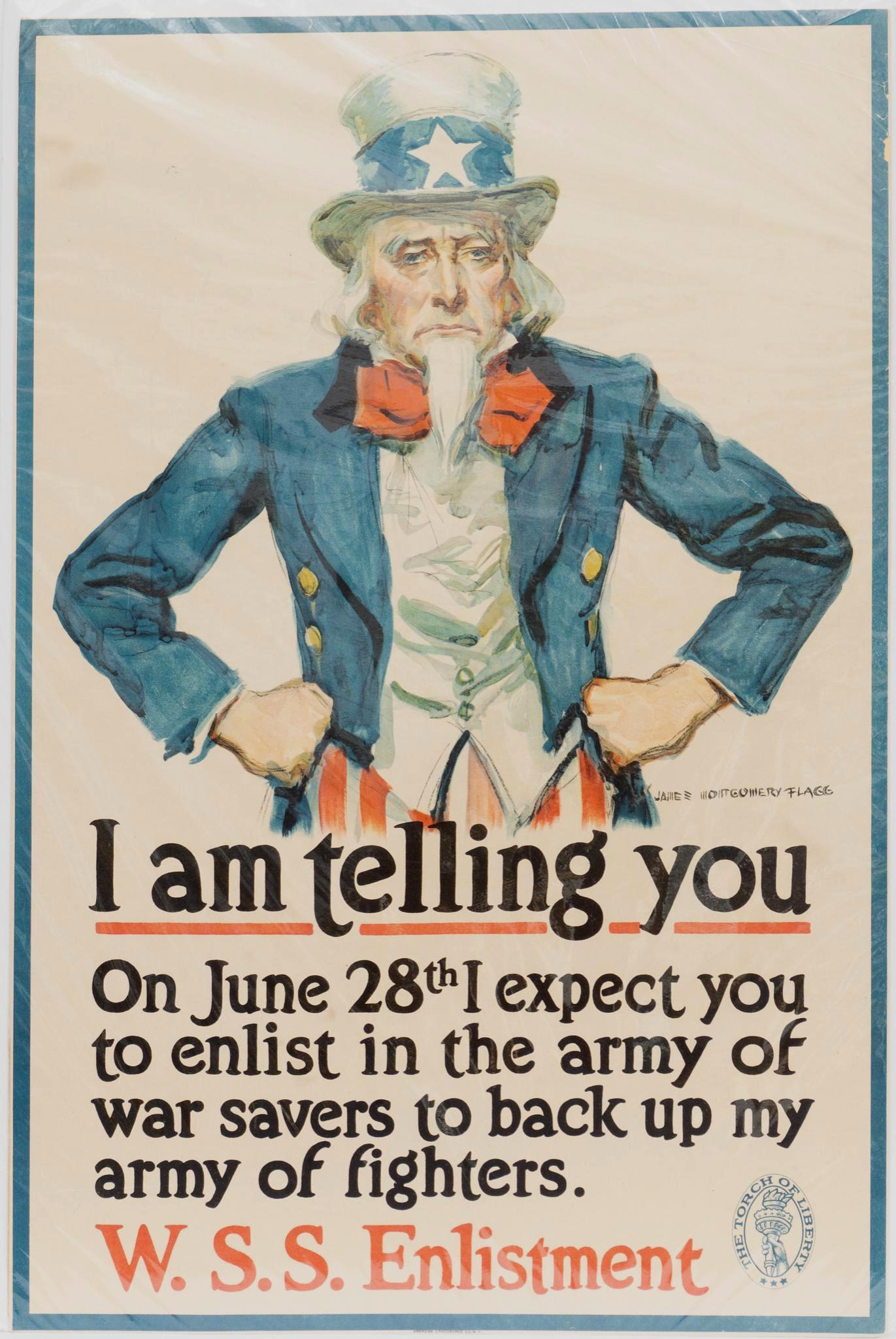 James Montgomery Flagg, "I Am Telling You...", c.: James Montgomery Flagg, "I Am Telling You...", c. 1918,W.S.S. Enlistment Poster, poster size: 29.5 x 19.375", backing size: 30 x 20" Condition: Very Good; few creases or ripples in poster; losses on u