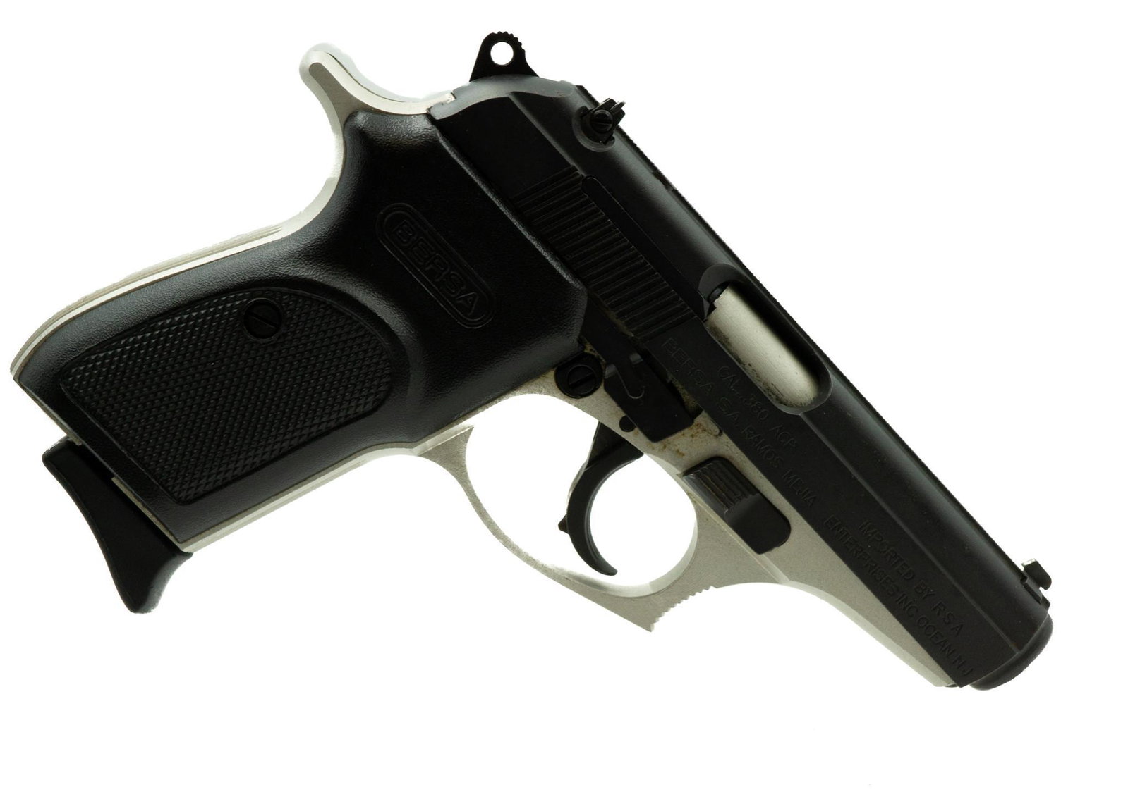 Bersa Thunder 380 .380 ACP Pistol: Serial: H14724 Manufacturer: RSA Enterprises Model: Bersa Thunder 380 Caliber: .380 ACP Barrel length: Condition: Good; some signs of use; light rusting in spots Includes: Bersa hard case with manual 