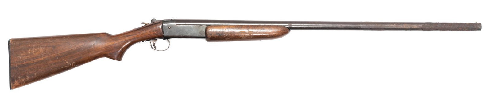 Winchester Model 37 Single Shot 12-Gauge Shotgun: Serial: No SN Manufacturer: Winchester (1936-1963) Model: Model 37 Caliber: 12 Ga. Barrel length: 30" Condition: Fair; heavy rusting at end of barrel; brown patina on barrel finish; rust and wear thro