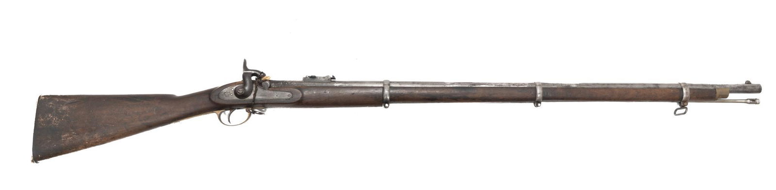 British Tower Model 1863 Enfield .58 Cal. Percussion: Serial: * 26 * 25 *(marked on barrel) Manufacturer: British Tower (Civil War Era) Model: 1863 Caliber: .58 cal Barrel length: 37" Condition: Fair; cracking in stock; variousinitials marked into stock 