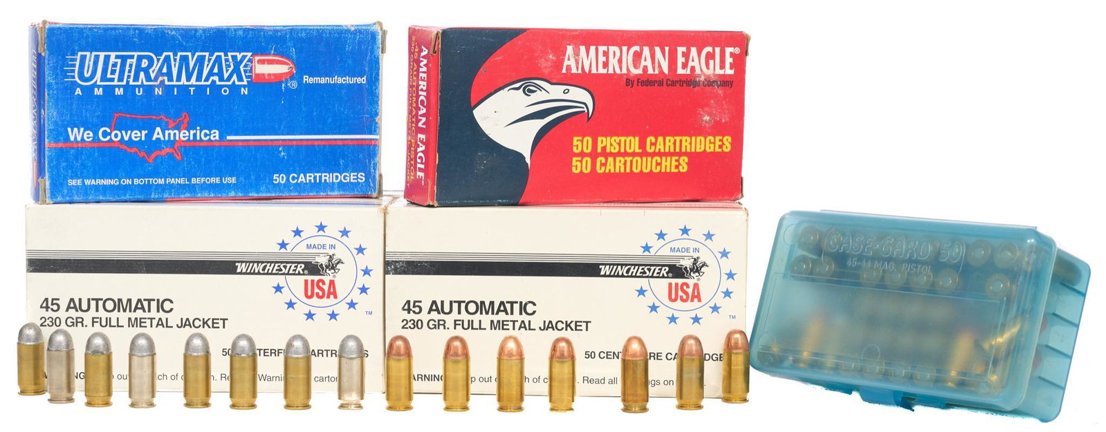Approximately 401 Rounds of Misc. .45 ACP Ammunition: Includes: -247 rds of WCC FMJ & lead nose -98 rds of Speer FMJ -1 rd of unmarked lead nose -1 rd of RA lead nose -1 rd of Winchester Starlinelead nose -1 rd of PMC lead nose -1 rd of Midway lead n