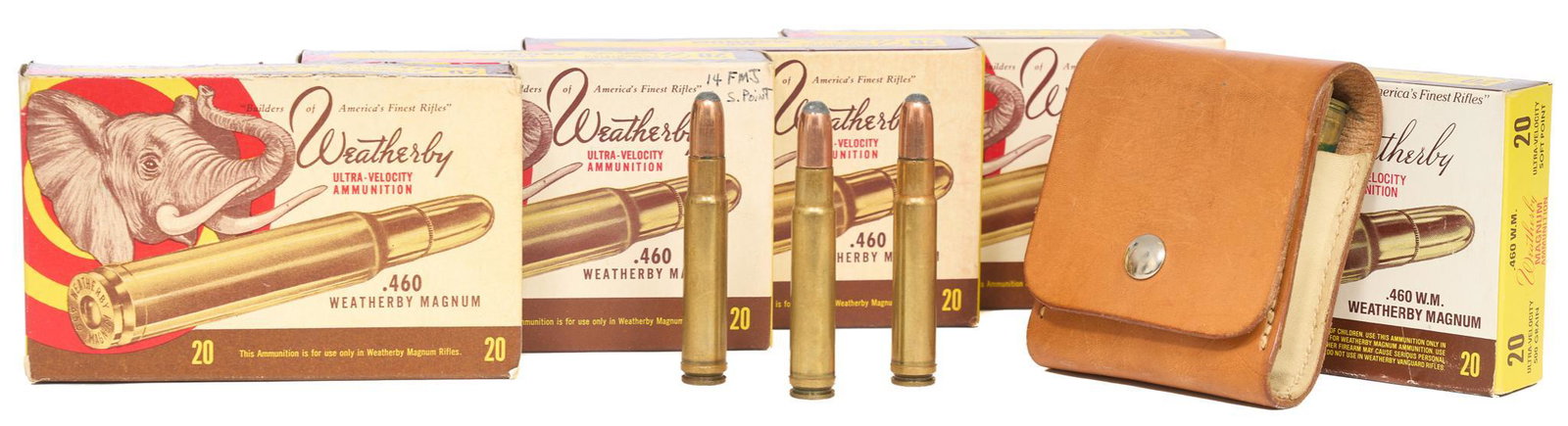 Lot of Approx. 93 Rounds of Weatherby .460 Magnum: 10 rounds are in a leather pouch and have verdigris residue Provenance: A San Antonio, TX Estate We will happily provide seamless shipping services on this lot. Please email us at shipping@vogtauc