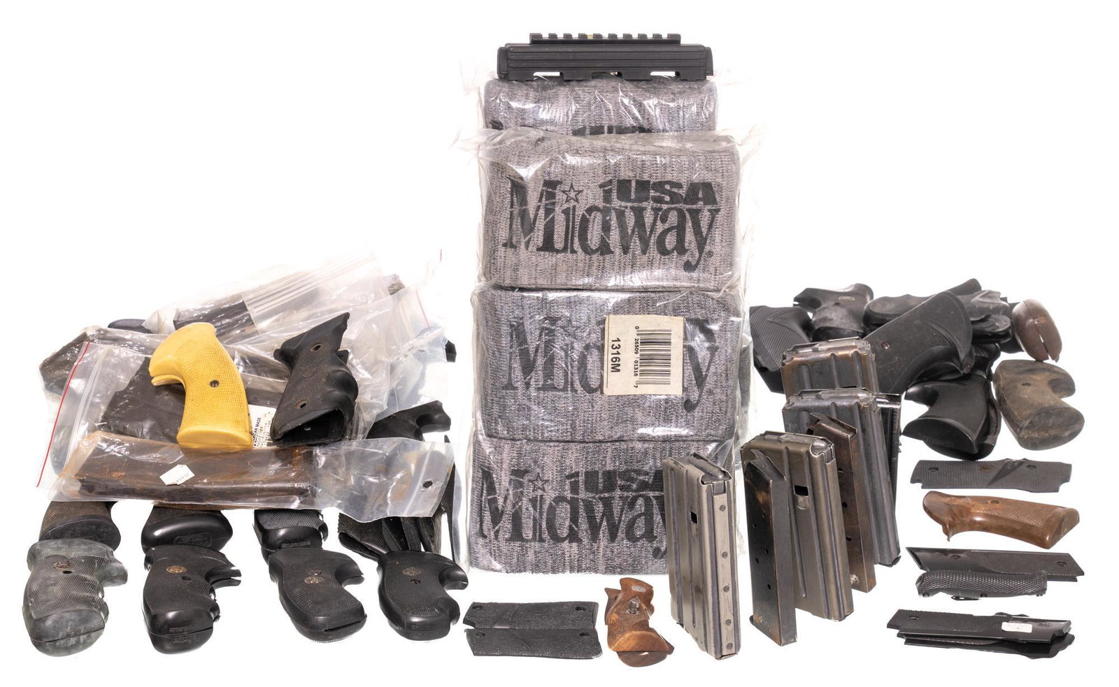 Lot of Misc. Pistol/Revolver Grips, Magazines, & Gun: Includes: -2 x 12-packs of Midway rifle socks (new in sealed mags) -2 x Ruger Mini-14 30-round mags; AK47 7.62x39mm 30-round mag; M1 Carbine 30-round mag; M1 Carbine 20-round mag; Browning Hi-Power 13