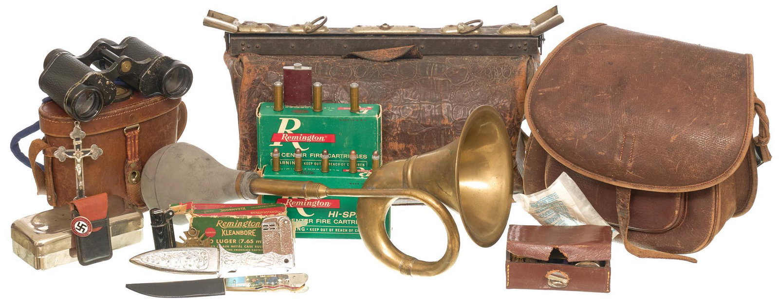 Misc. Lot of Militaria, Ammo, Knives, Etc.: Includes: -1941 5 Reichspfennigcoin -Nazi National Socialist Party Pin -German Officer's Musette Bag -shaving kit in leather case - 3 lighters -service cross -German Addiphotw/ case & manual -
