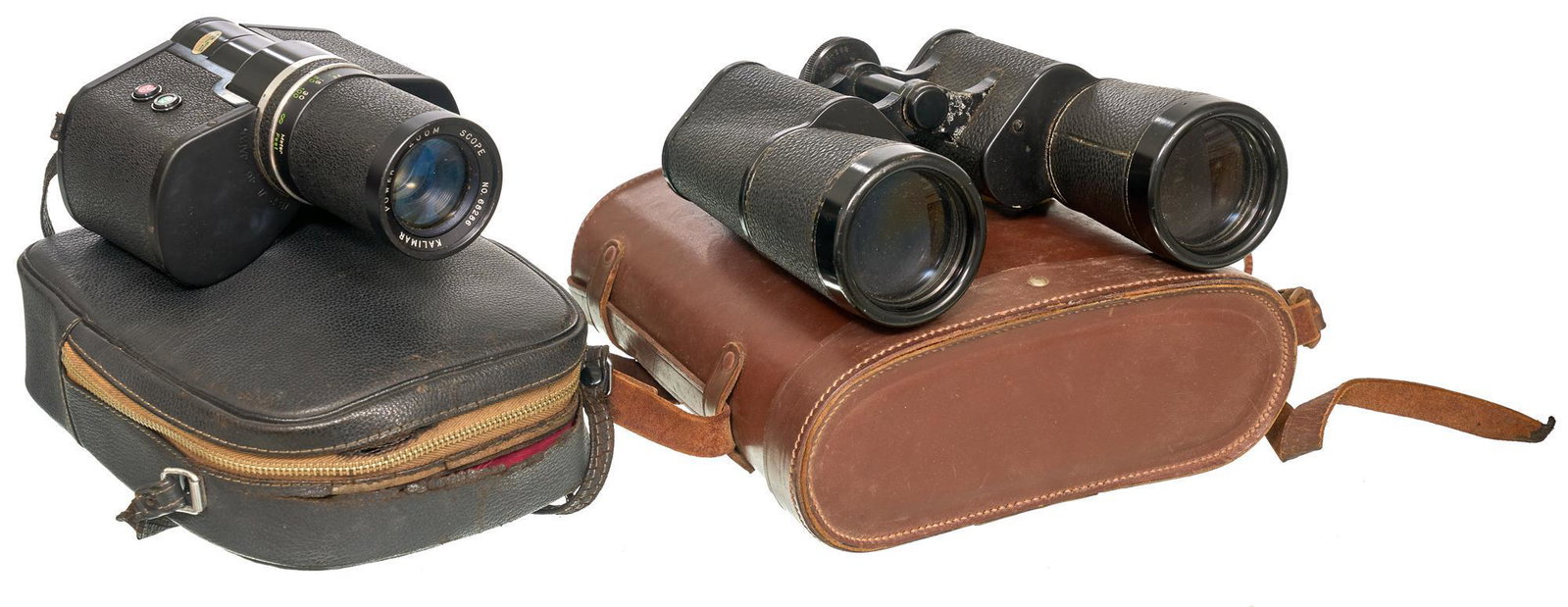 Pair of Vintage Binoculars: BBT Krauss & Kalimar: 1) BBT Krauss 312-43 Milli, SN: 145597, 16X50; fair used condition; includes: leather case 2) Kalimar K7001 Power Zoom Scope, SN: 68286, 2.5-8X35; fairused condition, corrosion present in battery port