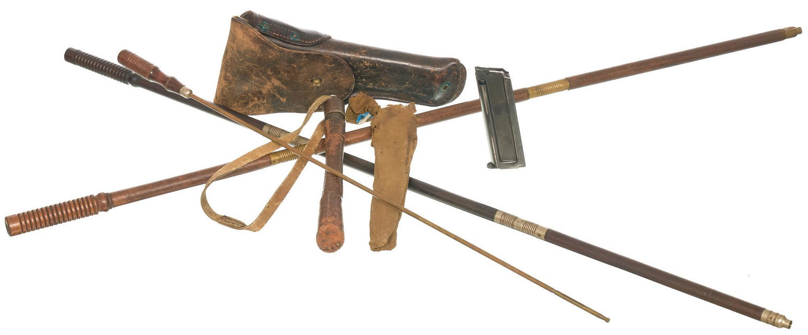 Misc. Lot of Vintage Cleaning Rods, a Boyt Holster,: Includes: 2 vintage shotgun cleaning rods (1 is BGI Co.), 1 Wards .22 rifle cleaning rod, black leather US Boyt42, vintage leather blackjack club with wrist strap, & Colt .22LR pistol magazine Con