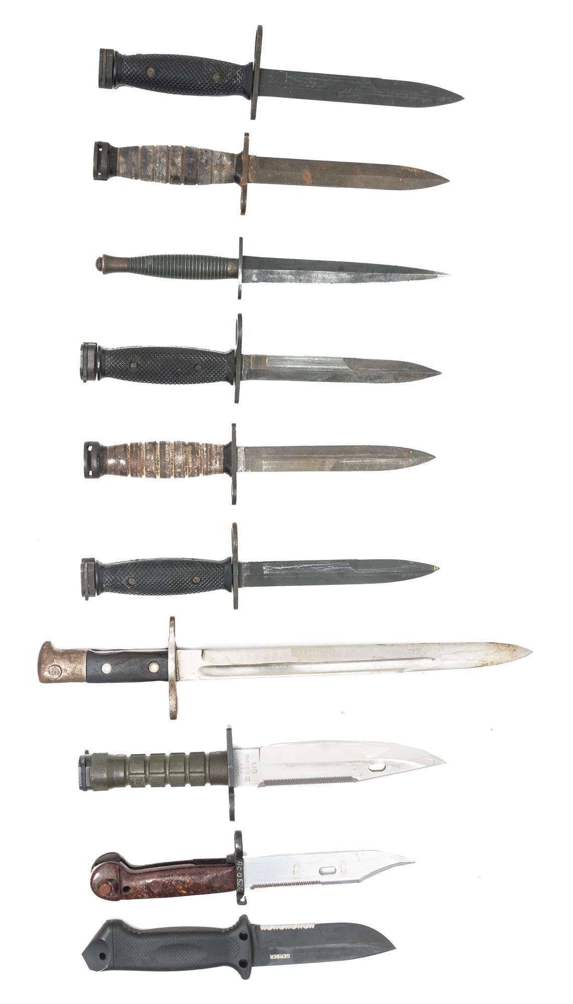 Lot of 10 Misc. Bayonets & Knives: Includes: -U.S. M4 / Imperialbayonet w/USM8A1 TWBsheath; 6.25" blade -M9 Phrobis III U.S.A. bayonet w/sheath & Bianchi belt clip; 6" blade -US Sedgley knife bayonet w/ sheath; SN: 79576; 1