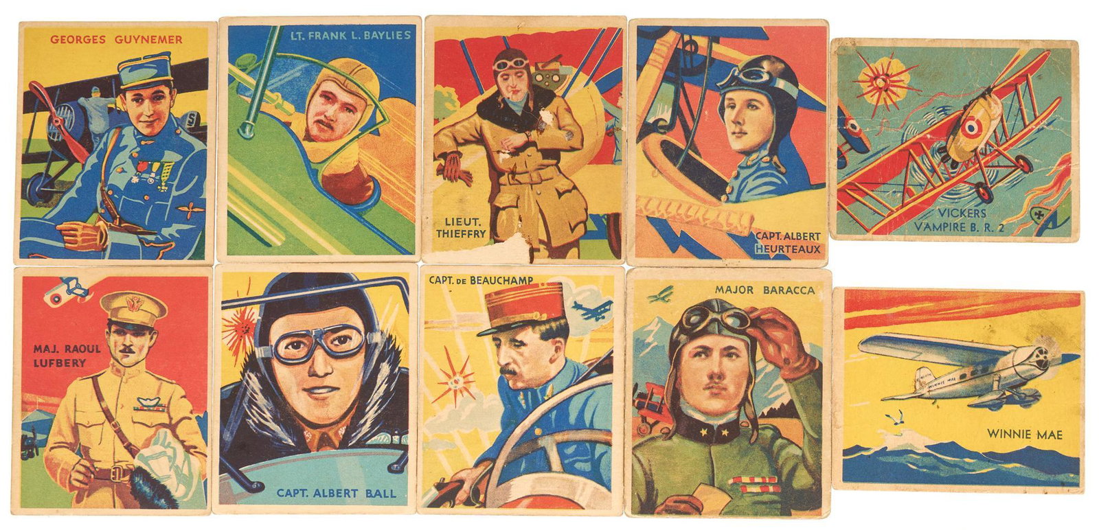 Lot of 10 " Sky Birds" Trading Cards: "Sky Birds", by National Chicle Co. Includes: -Winnie Mae, 1934 -Lt. Frank L. Baylies, 1933 -Georges Guynemer, 1933 -Lieut. Thieffry, 1933 -Capt. Albert Heurteaux, 1933 -Maj. Raoul Lufbery, 1933 -Majo