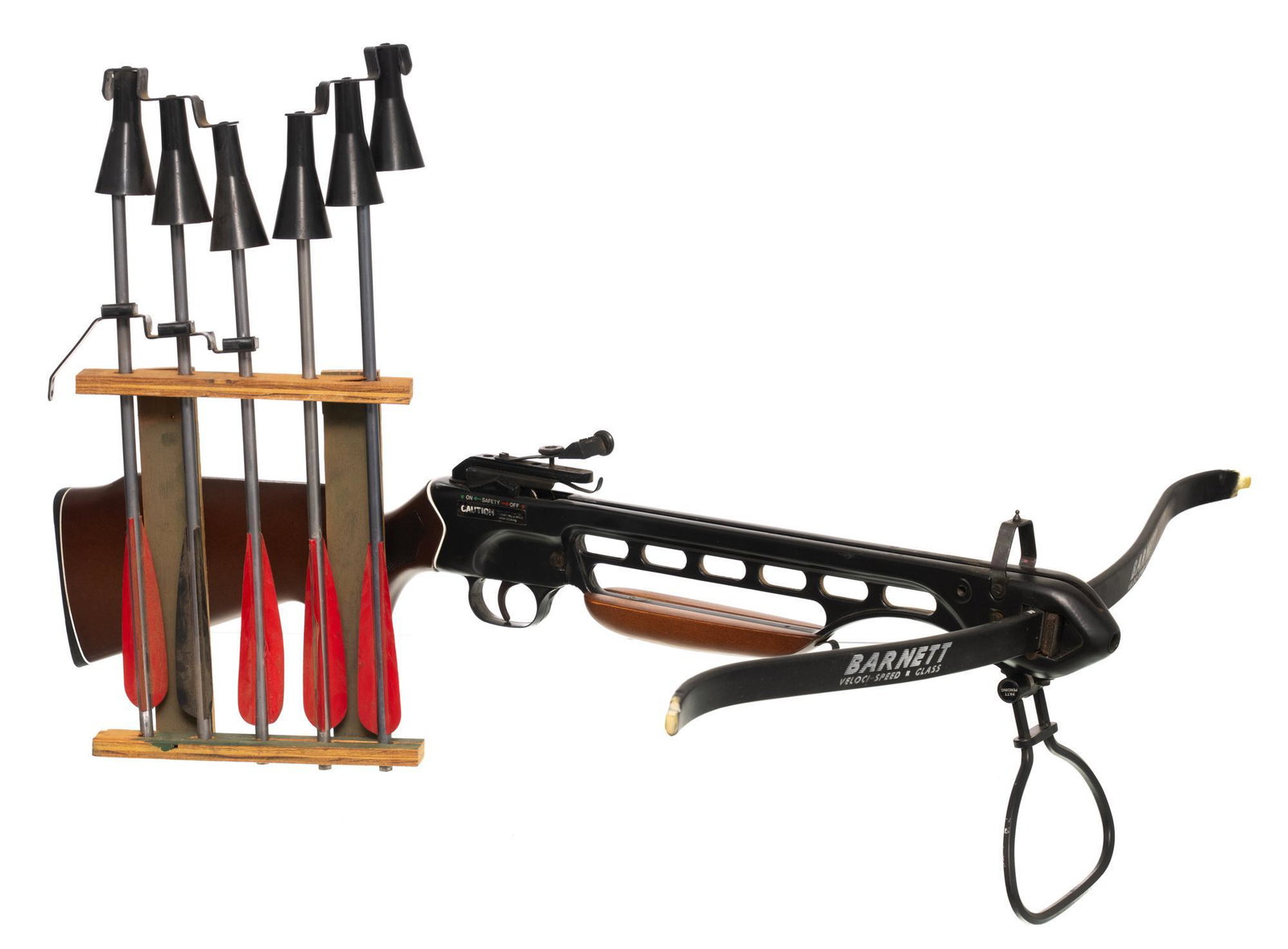 Barnett Wildcat Veloci-Speed R Class Crossbow w/ 5: Serial: JU01266 Manufacturer: Barnett Model: Wildcat Veloci-Speed R Class Caliber: 14.75" Bolt Condition: Good; missing 150lb draw string Includes: 5 Bolts Provenance: A San Antonio, TX Estate