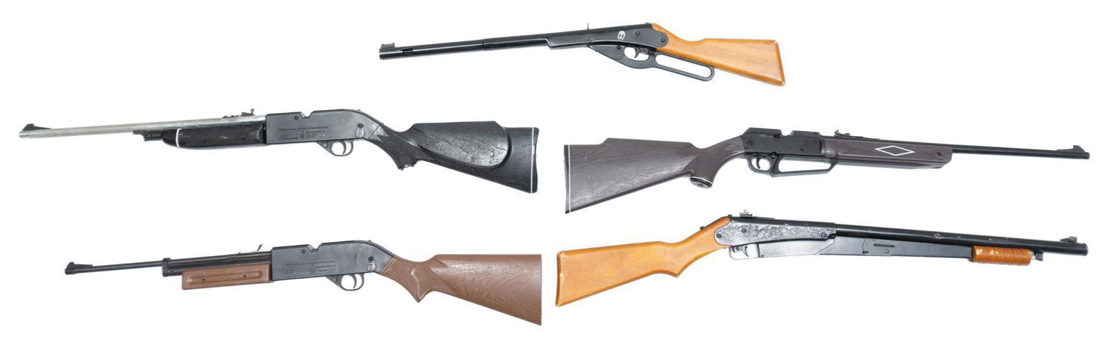 Lot of 5 Pellet & BB Guns: Daisy & Crossman: Lot of 5 BB and Pellet Guns: 1) Daisy Model 25 B-B Cal (4.5mm) steel air gun shot; fair amount of dings and scratches from wear; non-functioning 2) Daisy Model 105BB-B Cal (4.5mm) steel air gun shot; 