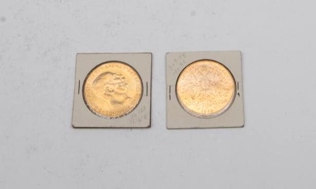 Pair of 1915 Austrian Commemorative 100 Corona 1oz.: Includes: 2.165ozt. total -each in an individual sleeve Condition: Good overall Provenance: Property from the prominent Estate of two late San Antonio, Texas oil & gas businesspersons We will happ