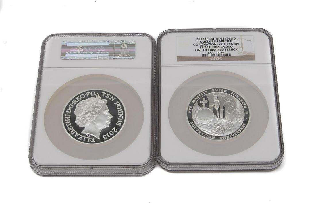 Pair of 2013 "60th Anniversary of Coronation" 10 Pounds: Coins are incased in NGC (Numismatic Guaranty Corporation) coin presentation coin holder, case, & box; each are one of the first 500 coins struck. .999 fine silver, weight: approx. 155 grams each,