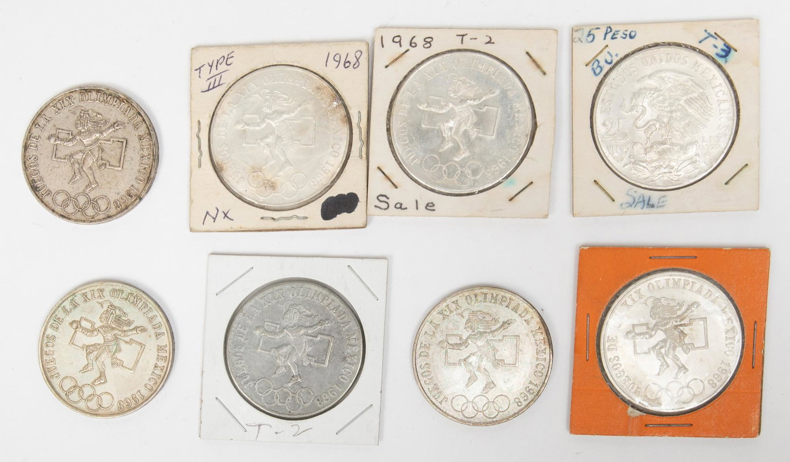 1968 Mexican Olympic Silver Coins: Includes: 4.16oz. Total -1968 Mexican 25 Peso Silver Olympic Coins; 4-type 1 and 4-type 2 Provenance: Inventory from the now closed Cristina's Jewelry (San Antonio, TX) We will happily provide sea