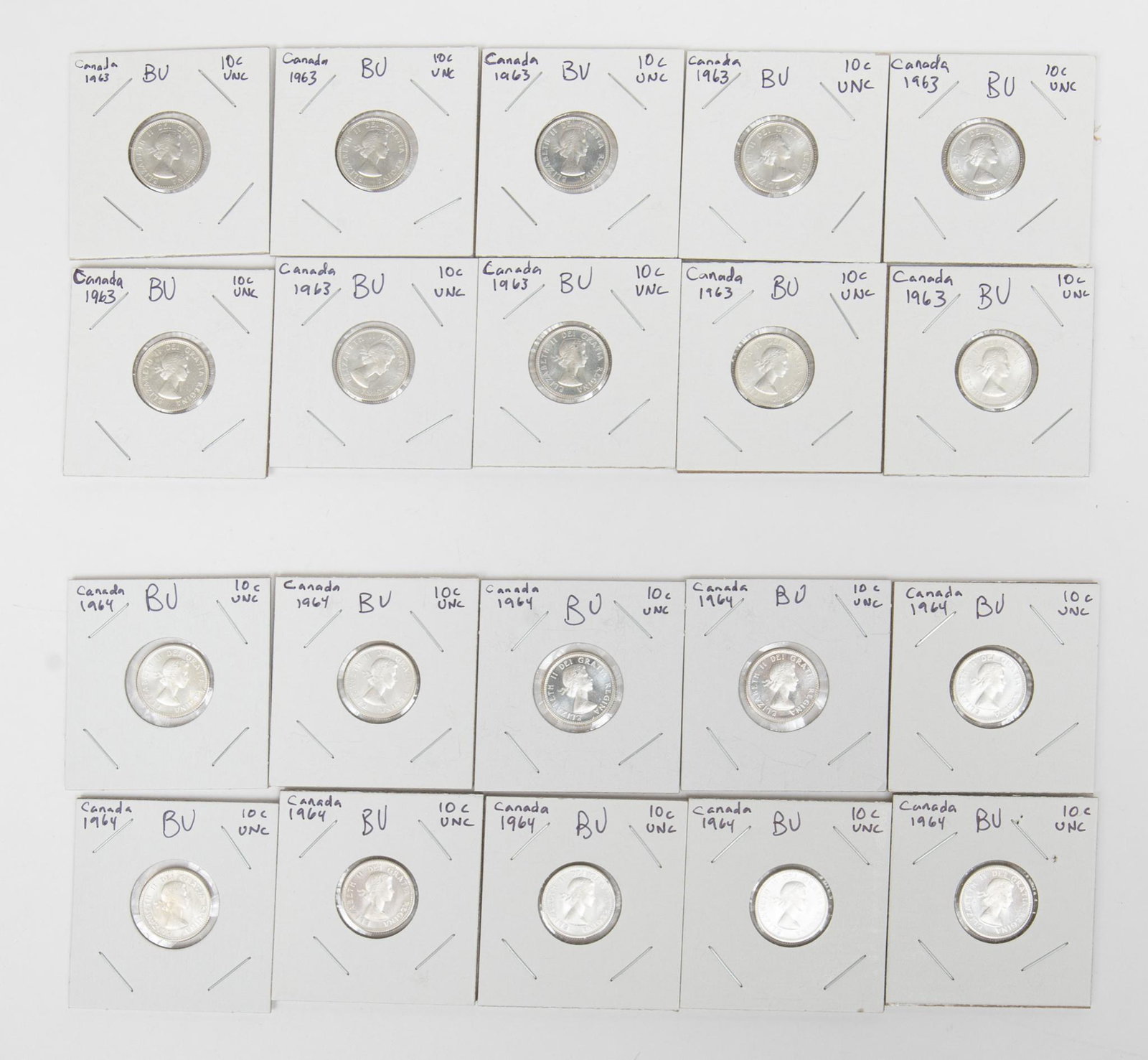 20 Canadian 0.800 Fine Silver Dimes from 1963 & 1964: Includes: -10 x 1963 dimes in coin sleeves -10 x 1964 dimes in coin sleeves Provenance: Inventory from the now closed Cristina's Jewelry (San Antonio, TX) We will happily provide seamless shipping