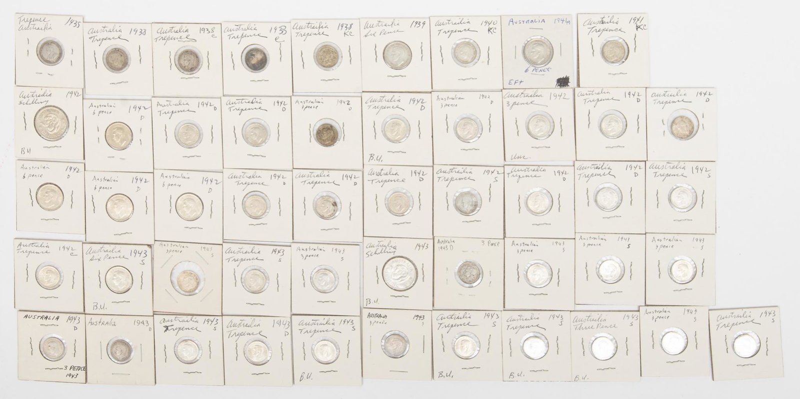 Various Australian Schillings: Includes: 2.3oz. Total - (50) Various dates Australian Schillings; (2) BU, (2) 6 Pence EF & EU, (46) 3 Pence BU Provenance: Inventory from the now closed Cristina's Jewelry (San Antonio, TX) W