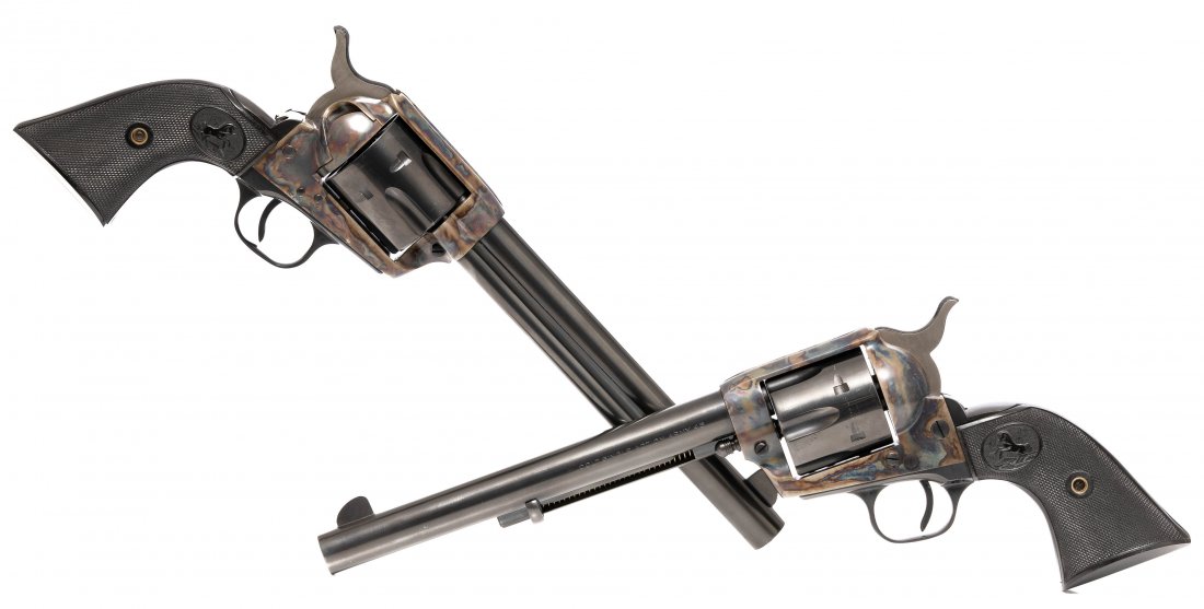 Pair of Consecutive Colt SAA .45 Revolvers W/ Holster: Serial: 28447 SA & 28448 SA Manufacturer: Colt (1959) Model: Single Action Army Second Generation Caliber: .45 Colt Barrel length: 7.5" Condition: Both are in very good condition; both are refurbished