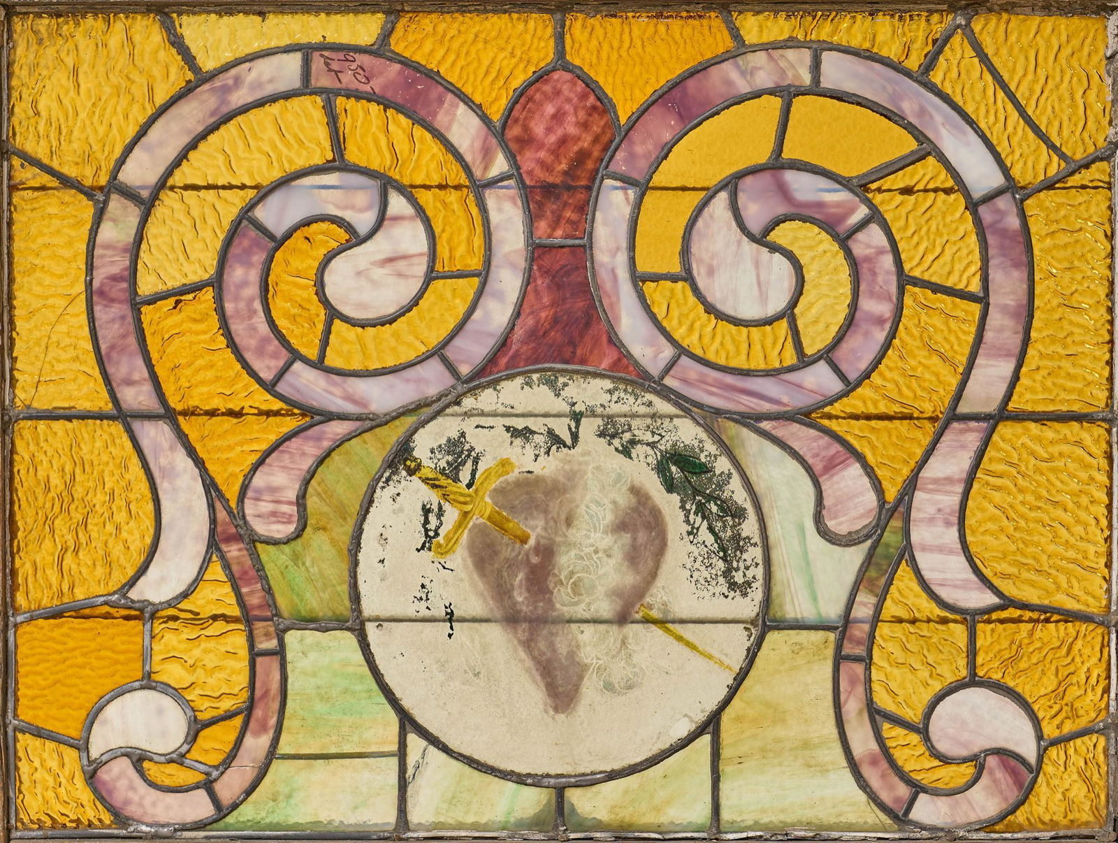 Stained Glass Panel, Hand Painted Heart Motif (1 of 4)