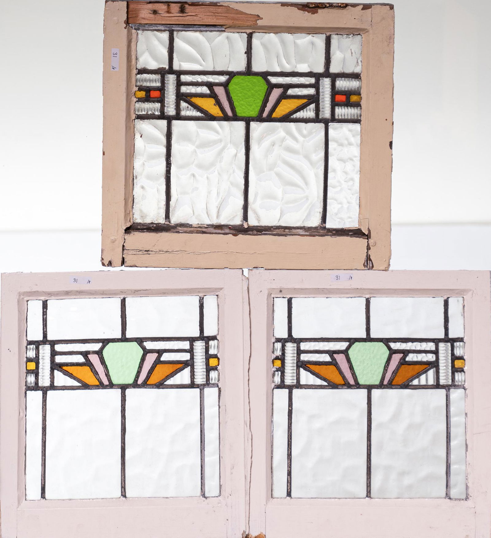 Set of 3 Stained Glass Panels, Art Deco Motif (1 of 6)