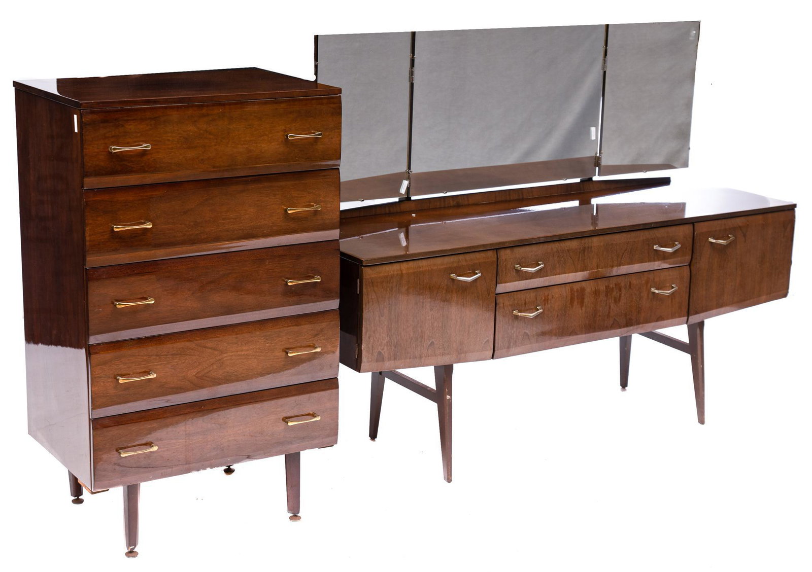 Mid-Century Meredew Melamine Bedroom Set: Mid-Century Meredew bedroom set, to include vanity, melamine veneer, three pane mirror, two doors flank two drawers, metal hardware, rising on pin legs 26.5"h x 26.5"w x 18"d/ largest We happily provi