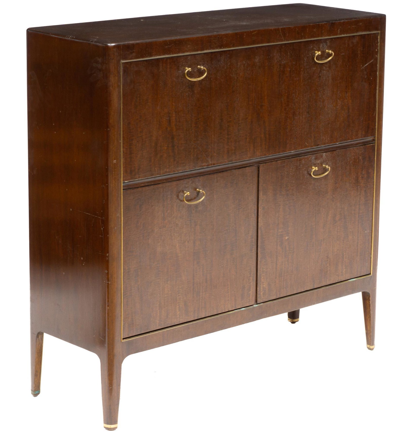 Art Deco Secretary: Art Deco cabinet, drop front door opens to sectioned interior with drawers, above two doors that open to shelved interior, metal hardware, rising on straight legs 45"h x 45"w x 16"d We happily provide