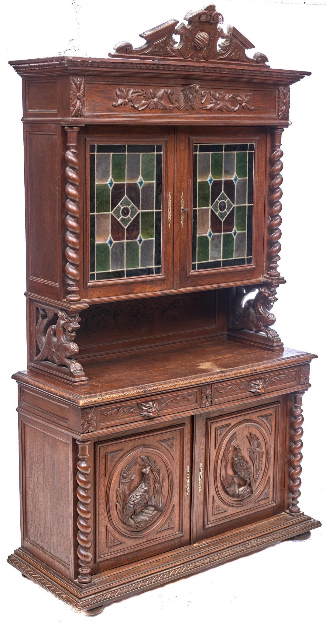 Henri II Style Hunting Style Stained Glass Cabinet (1 of 6)
