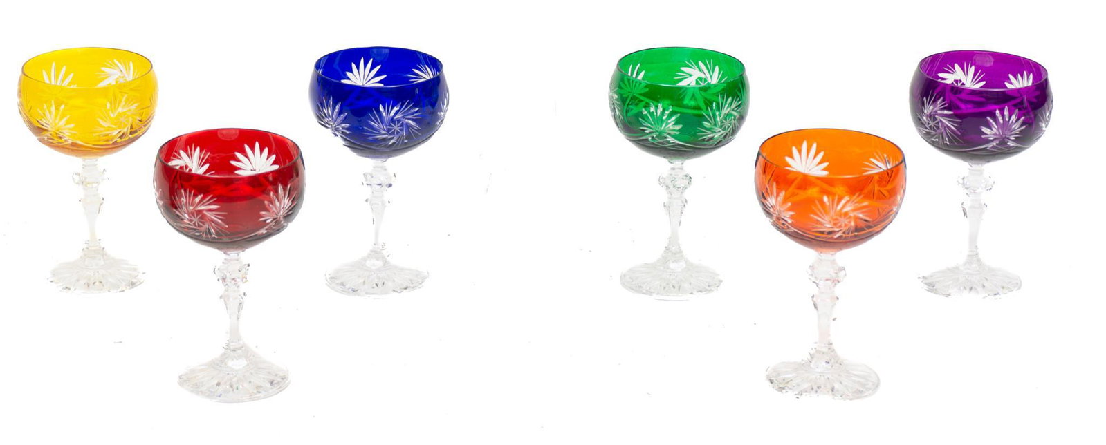 Set of 6 Vintage Cut to Clear Wine Glasses: Set of six vintage cut to clear wine glasses, colorful floral motif 6"h x 3.5"d/ each We happily provide seamless shipping services on everything we sell. Please email us at shipping@vogtauction.com o