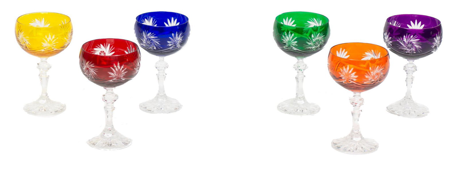 Set of 6 Vintage Cut to Clear Wine Glasses: Set of six vintage cut to clear wine glasses, colorful floral motif 6"h x 3.5"d/ each We happily provide seamless shipping services on everything we sell. Please email us at shipping@vogtauction.com o