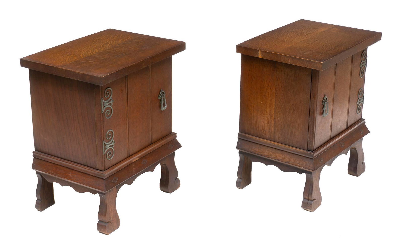Pair of Night Stands: Pair of night stands, single door, carved apron, metal hardware, rising on block feet 23"h x 19"w x 14"d/ each We happily provide seamless shipping services on everything we sell. Please email us at s