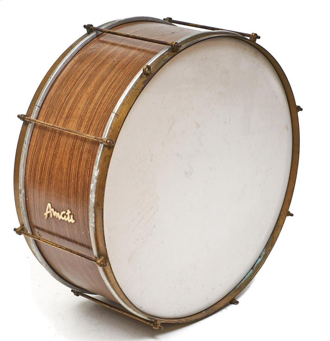 Vintage Amati Bass Drum: Vintage Amati bass drum 27"h x 27"w x 12"d We happily provide seamless shipping services on everything we sell. Please email us at shipping@vogtauction.com or call 210-822-6155 for more informat