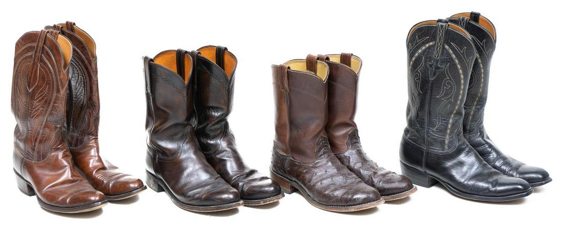 Lot of 4 Pairs of Vintage Cowboy Boots: Lot of four pairs of vintage leather cowboy boots, to include Larry Mahan, Lucchese (San Antonio, TX), 10D,13, 85x3 14"h x 4"w x 12"d/ largest We happily provide seamless shipping services on everyth