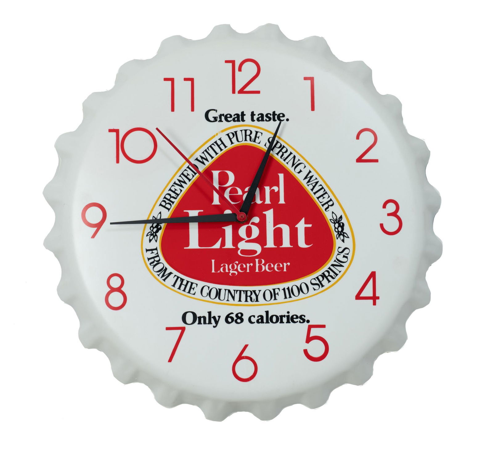 Pearl Light Bar Clock: Pearl Light beer bar bottle cap clock, in working condition 18"h x 2.5"w Provenance: A San Antonio, TX Estate We happily provide seamless shipping services on everything we sell. Please email us at
