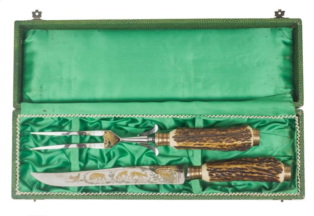 Vintage Horn Handled Carving Knife Set with Case (1 of 9)