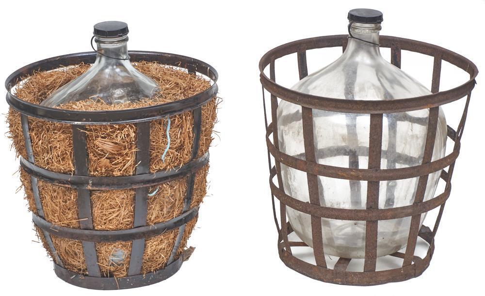 Pair of Hand Blown Glass Carboys in Metal Baskets (1 of 3)