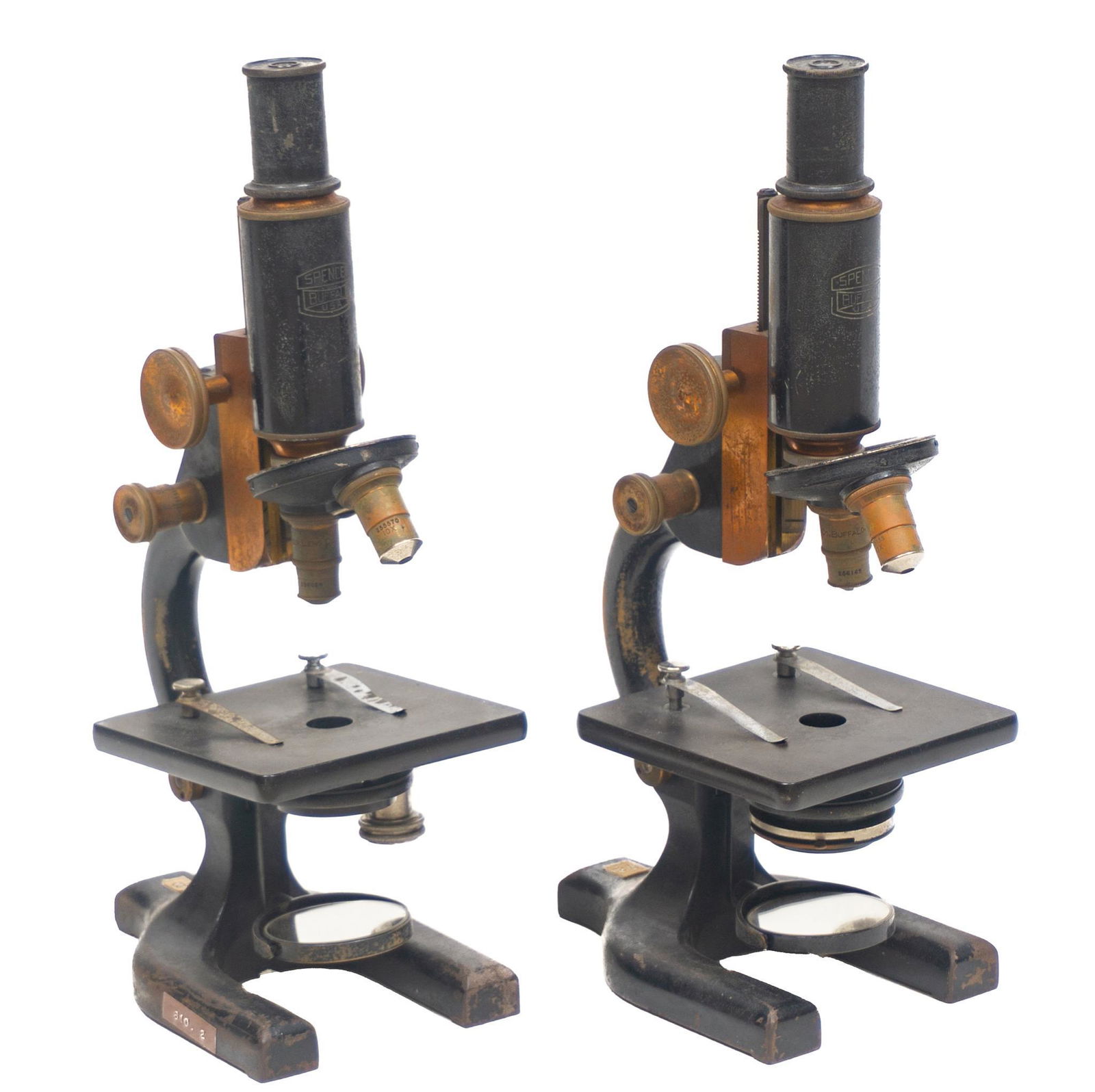 Pair of Vintage Spencer Microscopes: Pair of vintage Spencer microscopes, lab equipment 13"h x 4.5"w x 6.5"d/ each Provenance: An Olmos Park, TX Estate We happily provide seamless shipping services on everything we sell. Please email