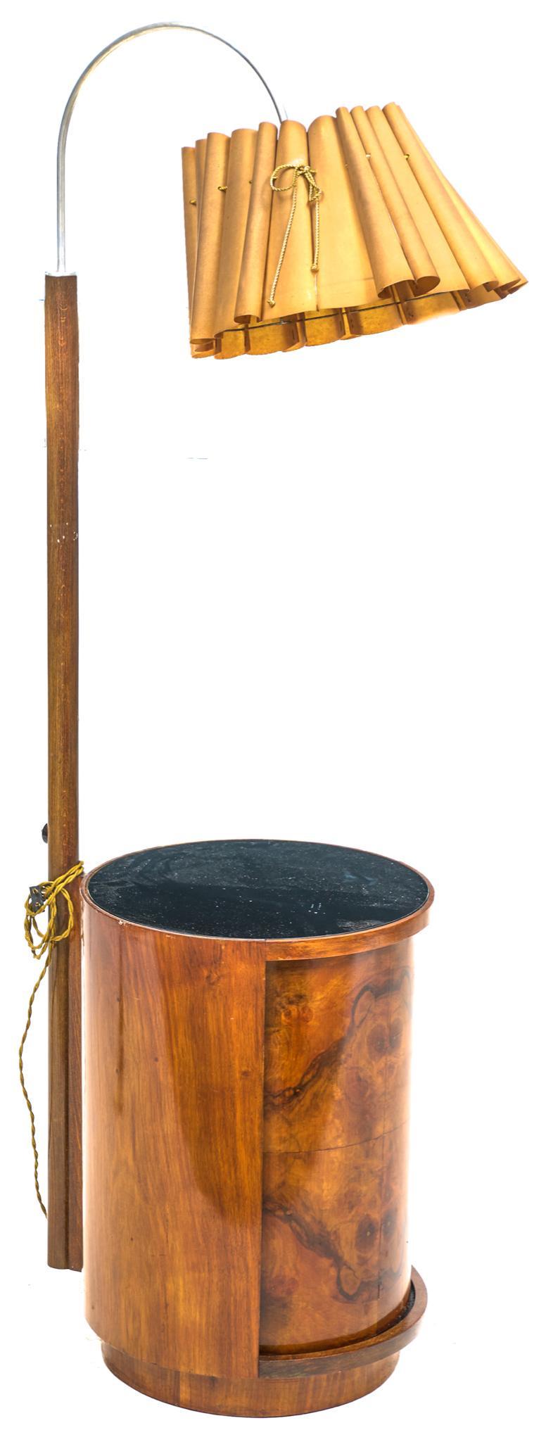 Lamp with Hidden Liquor Cabinet: Freestanding lamp, wooden and chrome, with hidden liquor cabinet on rotating base, wired European 68"h x 18"d We happily provide seamless shipping services on everything we sell. Please email us at sh