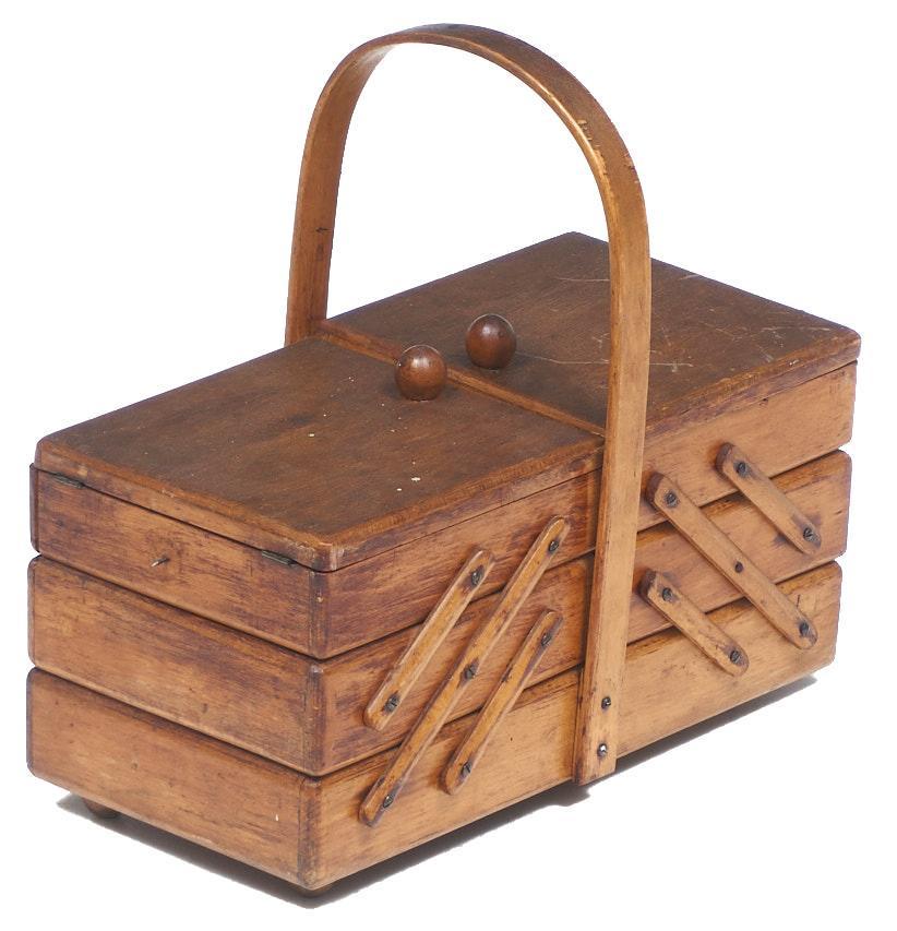 Vintage Sewing Case: Vintage wooden handles sewing case, two lids open to tiered sectioned interior, with buttons 8"h x 16"w x 8"d We happily provide seamless shipping services on everything we sell. Please email us at sh
