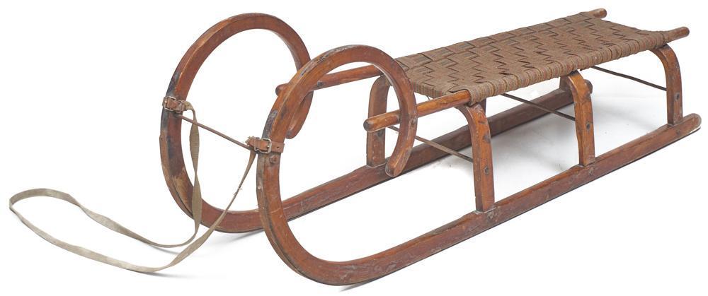 Rustic Sled: Rustic bentwood sled, with metal and fabric accents 19"h x 55"w x 11"d We happily provide seamless shipping services on everything we sell. Please email us at shipping@vogtauction.com or call 210-