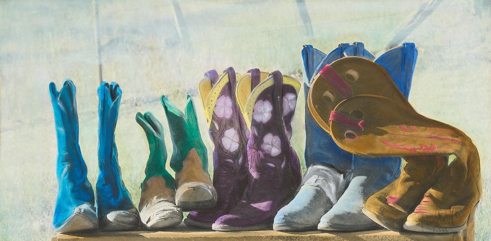 Jenny Gummersall, "Boots", 2014: Jenny Gummersall, "Boots", 2014, oil on photobase, 18 x 36", unframed Provenance: The Estate of Joan and Herbert Hahn (San Antonio, Texas)