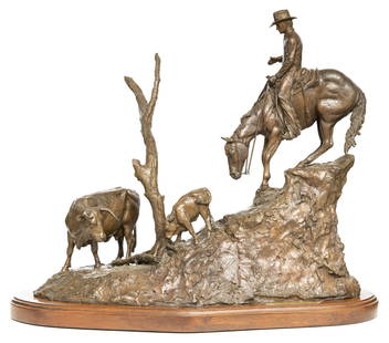 Jim Reno (1929-2008), "Cow Pony": Jim Reno (1929-2008), "Cow Pony", bronze, 25 x 30.5 x 15" Provenance: A Spring Branch, Texas collection Jim Reno was a sculptor of western subjects, especially horses' unique personalities and rea