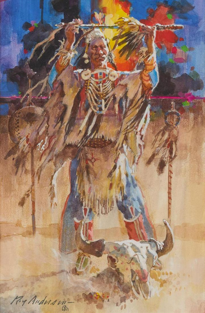 Roy Andersen (1930-2019), "Grandfather Prays for All of: Roy Andersen (1930-2019), "Grandfather Prays for All of Us", watercolor, sight: 11 x 7.5", frame: 20.5 x 17.5" Known as a western painter, Roy Andersen did paintings of Crow, Cheyenne, and Apache Ind